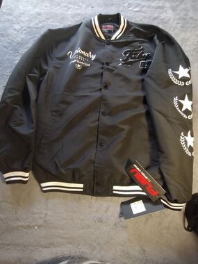 Vintage Fubu Black Varsity Jacket with Star Sleeve Graphics